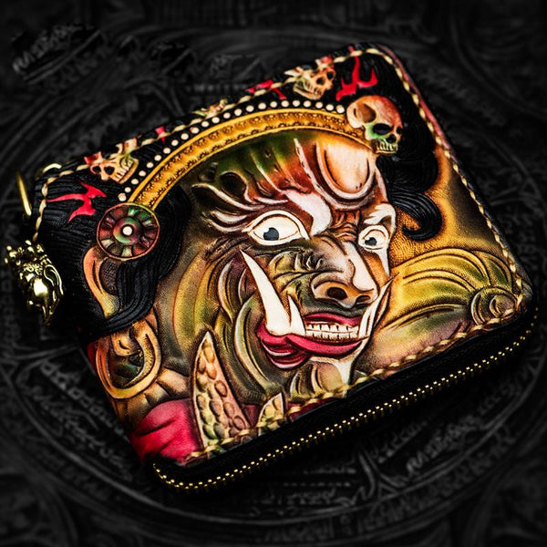Handmade Leather Chain Wallet Tooled Mah¨¡k¨¡la Biker Wallet Mens Cool billfold Trucker Wallet with Chain - imessengerbags