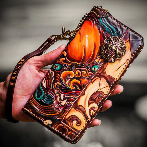 Handmade Leather Tooled Chinese Lion Mens Chain Biker Wallet Cool Leather Wallet Long Phone Wallets for Men - imessengerbags