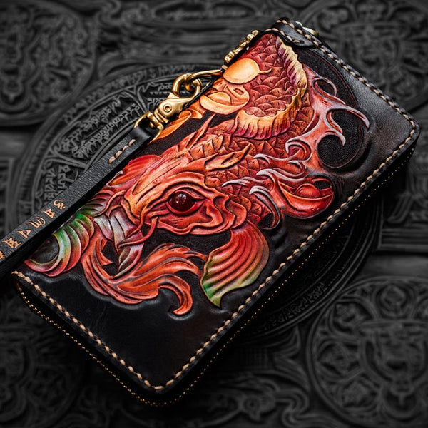 Handmade Leather Tooled Carp Mens Chain Biker Wallet Cool Leather Wallet Long Phone Wallets for Men - imessengerbags