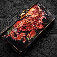 Handmade Leather Tooled Carp Mens Chain Biker Wallet Cool Leather Wallet Long Phone Wallets for Men