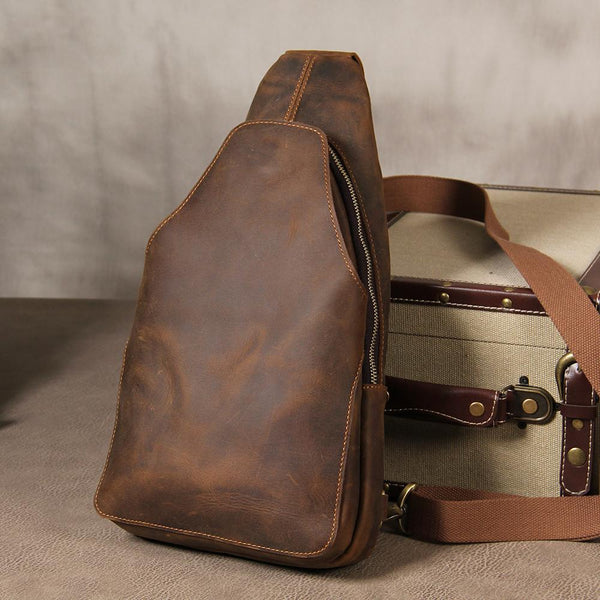 Leather Mens Sling Bag Cool Crossbody Bag Brown Chest Bag for men - imessengerbags