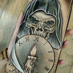 Handmade Leather Skull Death Tooled Mens Long Wallet Cool Leather Wallet Clutch Wallet for Men - imessengerbags