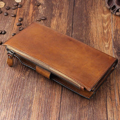 Handmade Leather Mens Cool Long Leather Wallet Wristlet Clutch Wallet for Men