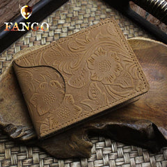 Handmade Leather Floral Mens License Wallets Cool Short Wallet Card Holder Small Card Slim Wallets for Men