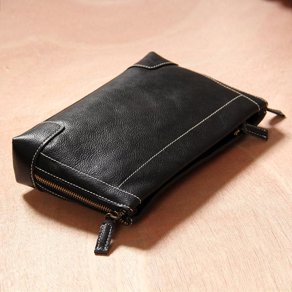 Cool Leather Mens Clutch Wristlet Bag Black Zipper Clutch Wallet for Men - imessengerbags