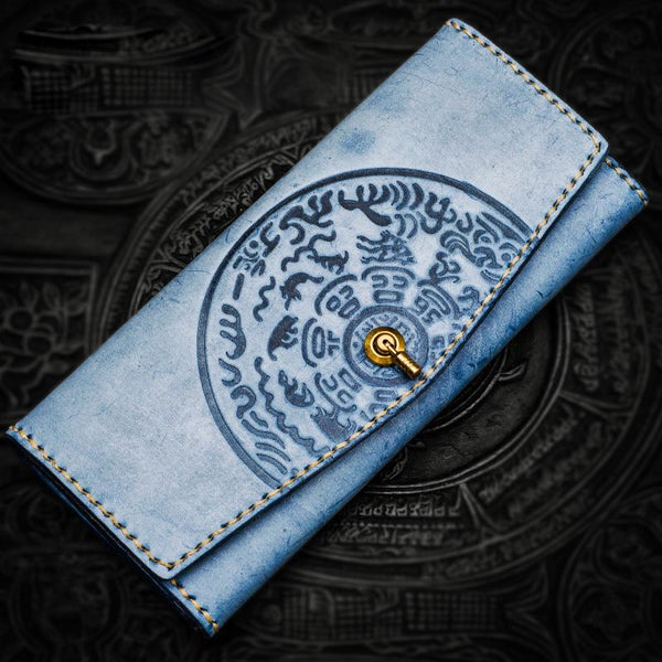 Handmade Leather Tooled Blue Women Envelope Vintage Leather Wallet Long Phone Clutch Wallets for Women - imessengerbags