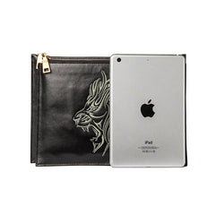 Handmade Leather Mens Clutch Cool Slim Lion Wallet Zipper Clutch Wristlet Wallet for Men