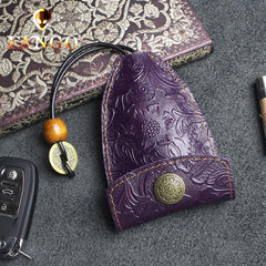 Handmade Leather Floral Mens Cool Car Key Wallet Coin Wallet Pouch Car KeyChain for Men - imessengerbags