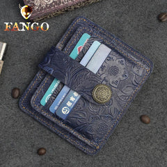 Handmade Leather Floral Mens Cool Front Pocket Wallet Short Wallet Card Holder Small Card Slim Wallets for Men