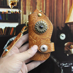 Handmade Leather Floral Mens Cool Car Key Wallet Coin Wallet Pouch Car KeyChain for Men - imessengerbags