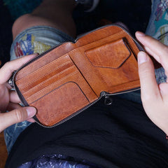 Genuine Leather Mens Cool Zipper Leather Wallet Men Small Wallets Bifold for Men - imessengerbags