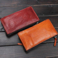 Handmade Leather Mens Cool Long Leather Wallet Zipper Clutch Wristlet Wallet for Men