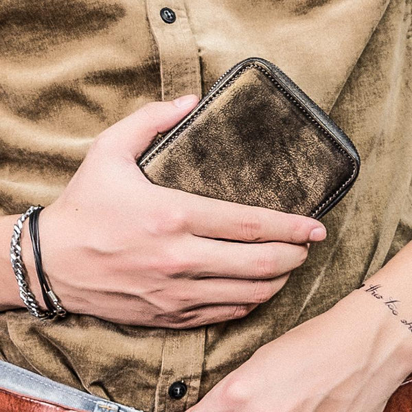 Handmade Mens Cool billfold Leather Wallet Men Small zipper Wallets Bifold for Men - imessengerbags