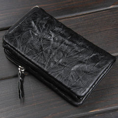 Handmade Leather Mens Cool Long Leather Wallet Zipper Wristlet Clutch Wallet