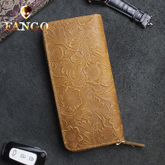 Handmade Leather Floral Mens Cool Travel Long Wallet Card Holder Card Slim Clutch Wallets for Men - imessengerbags