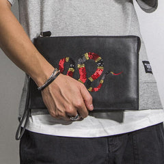 Handmade Leather Mens Cool Long Leather Wallet Zipper Clutch Wristlet Wallet for Men