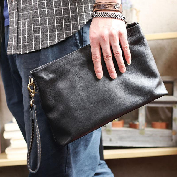 Vintage Black Soft Leather Mens Clutch Wallet Wristlet Bag Zipper Clutch Bag For Men