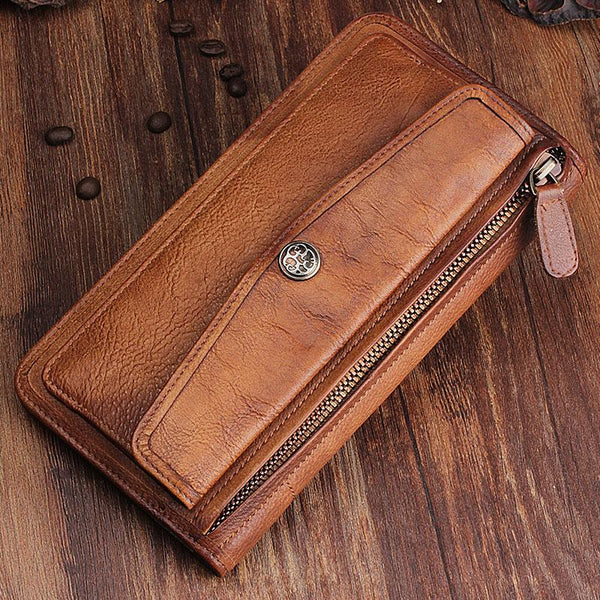 Handmade Leather Mens Cool Long Leather Wallet Bifold Clutch Wallet for Men - imessengerbags