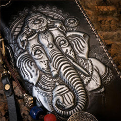 Handmade Leather Mens Chain Biker Wallet Cool Tooled Ganesha Wallet Long Phone Wallets for Men