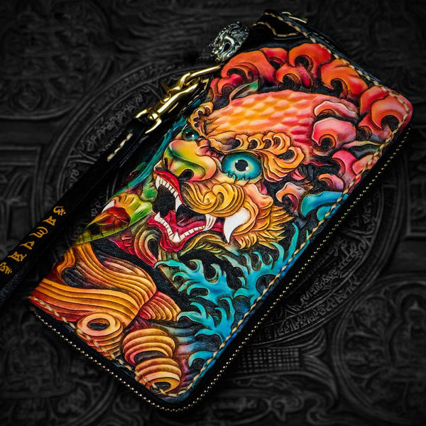 Handmade Leather Tooled Chinese Lion Black Mens Chain Biker Wallet Cool Leather Wallet Long Clutch Wallets for Men - imessengerbags