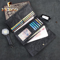 Handmade Leather Floral Mens Cool Travel Long Wallet Card Holder Card Trifold Clutch Wallets for Men - imessengerbags