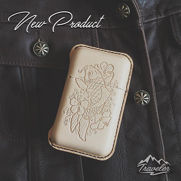 Beige Leather Mens Engraved Carp Cigarette Holder Case Vintage Custom Cigarette Case for Men - imessengerbags