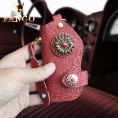 Handmade Leather Floral Mens Cool Car Key Wallet Coin Wallet Pouch Car KeyChain for Men - imessengerbags