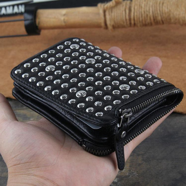 Genuine Leather Mens Cool billfold Punk Rock Leather Wallet Men Small Wallets Bifold for Men - imessengerbags