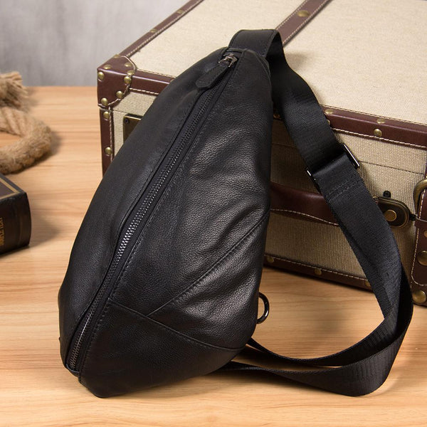 Genuine Leather Black Mens Cool Sling Bag Crossbody Bag Chest Bag Travel Bag for men