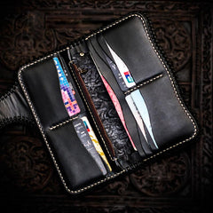 Handmade Leather Tooled Carp Mens Chain Biker Wallet Cool Leather Wallet Long Phone Wallets for Men