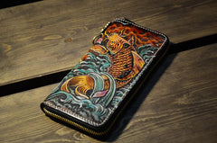 Handmade Leather Carp Mens Chain Biker Wallet Cool Leather Wallet Long Phone Wallets for Men