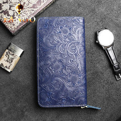 Handmade Leather Floral Mens Cool Travel Long Wallet Card Holder Card Slim Clutch Wallets for Men - imessengerbags