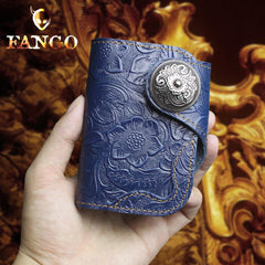 Handmade Leather Floral Mens Cool Short Wallet Card Holder Small Card Slim Wallets for Men - imessengerbags