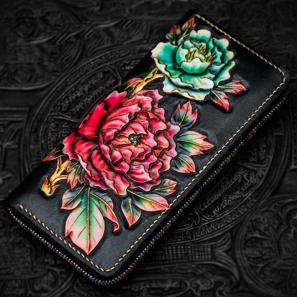 Handmade Leather Tooled Black Peony Cool Leather Wallet Zipper Long Phone Clutch Wallets for Women - imessengerbags