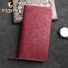 Handmade Leather Floral Mens Cool Travel Long Wallet Card Holder Card Slim Clutch Wallets for Men - imessengerbags