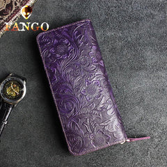 Handmade Leather Floral Mens Cool Travel Long Wallet Card Holder Card Slim Clutch Wallets for Men - imessengerbags