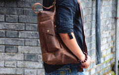 Genuine Leather Mens Cool Chest Bag Sling Bag Crossbody Bag Travel Bag Hiking Bag for men