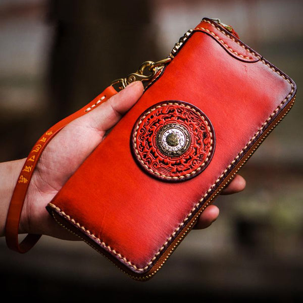 Handmade Leather Mens Tibetan Chain Biker Wallet Cool Leather Wallet Long Clutch Wallets for Men - imessengerbags