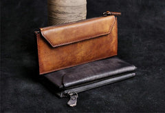 Genuine Leather Mens Cool Long Leather Wallet Card Wallet Clutch Wristlet Wallet for Men - imessengerbags