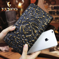 Handmade Leather Mens Tooled Skull Death Cool Zipper Phone Travel Long Wallet Card Holder Card Slim Clutch Wallets for Men - imessengerbags