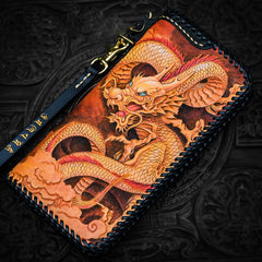 Handmade Leather Tooled Chinese Dragon Chain Wallet Mens Biker Wallet Cool Leather Wallet Long Phone Wallets for Men - imessengerbags