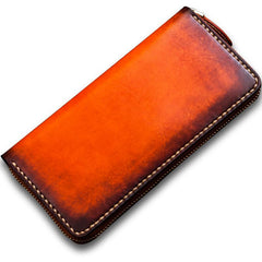 Handmade Leather Mens Cool Long Leather Wallet Zipper Clutch Wallet for Men