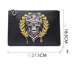 Handmade Leather Mens Clutch Skull Cool Slim Wallet Zipper Clutch Wristlet Wallet for Men