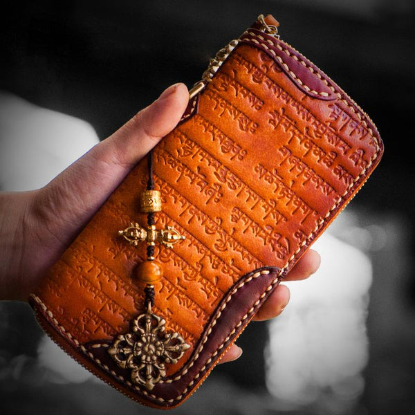 Handmade Leather Mens Tibetan Chain Biker Wallet Cool Leather Wallet Long Clutch Wallets for Men - imessengerbags