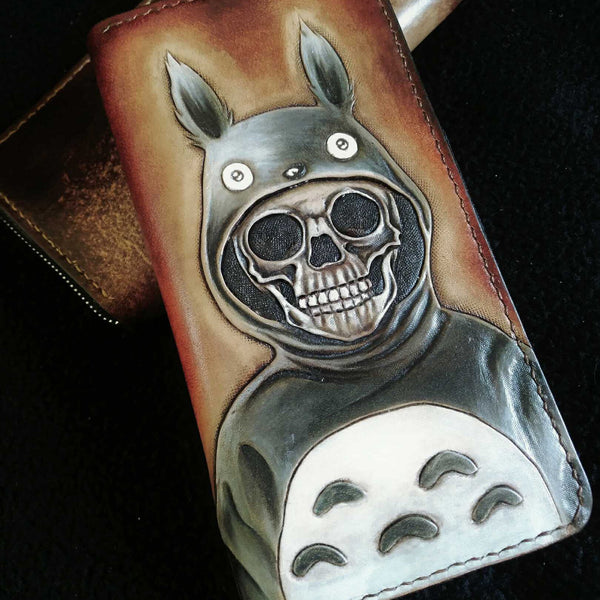 Handmade Leather Skull Totoro Tooled Mens Long Wallet Cool Leather Wallet Clutch Wallet for Men - imessengerbags