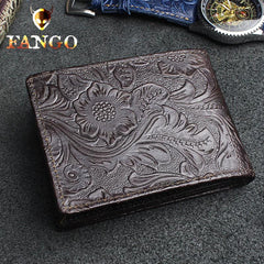Handmade Leather Floral Mens License Wallets Cool Short Wallet Card Holder Small Card Slim Wallets for Men - imessengerbags