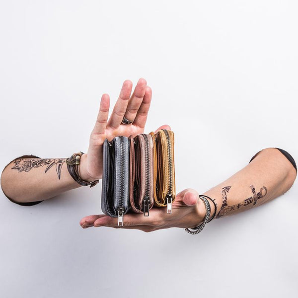 Genuine Leather Mens Cool Zipper Leather Wallet Men Small Wallets Bifold for Men - imessengerbags