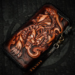 Handmade Leather Tooled Chinese Dragon Chain Wallet Mens Biker Wallet Cool Leather Wallet Long Phone Wallets for Men - imessengerbags