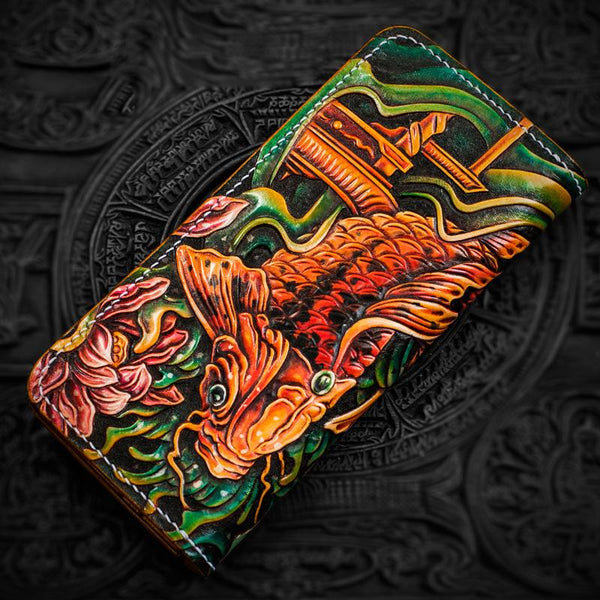 Handmade Leather Men Tooled Carp Cool Leather Wallet Long Phone Wallets for Men - imessengerbags