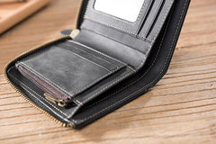 Handmade Leather Mens Cool Slim Leather Zipper Wallet Men Small Wallets Bifold for Men - imessengerbags